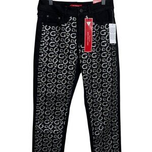 Guess Black Rhinestone Logo Jeans Women’s 2 / 26 High Rise Straight Leg Denim